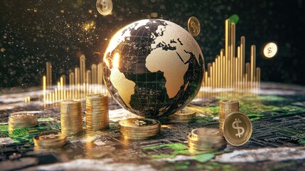 Poster - A global economy concept featuring a world globe, currency exchange graphs, and floating coins.