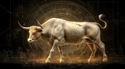 Poster - A golden bull glowing against a futuristic financial background, exuding strength and confidence.