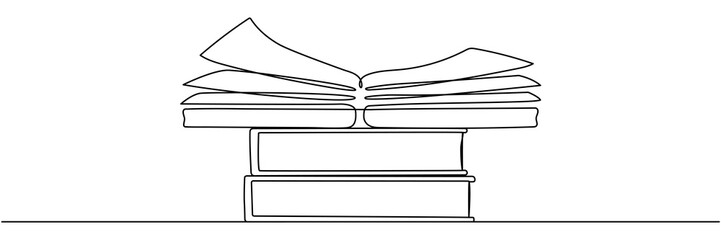 Poster - Open book with stack of books continuous line drawing. School education concept. Vector illustration isolated on white.