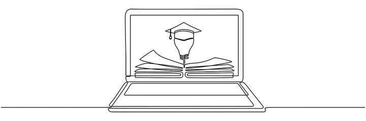 Poster - Laptop with lightbulb and graduation cap on open book continuous line drawn. Creative smart idea symbol. Vector illustration isolated on white.