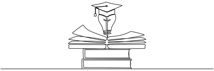 Poster - Lightbulb and graduation cap on stack of books continuous line drawn. Creative smart idea symbol. Vector illustration isolated on white.	