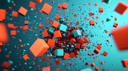 Poster - Colorful Abstract Explosion of 3D Cubes in Orange and Blue Against a Turquoise Background