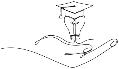 Poster - Light bulb and graduation cap in hand continuous line drawn. Creative smart idea symbol. Vector illustration isolated on white.
