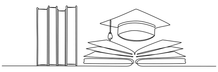 Poster - graduation hat with open book continuous line drawing. education linear concept. vector illustration