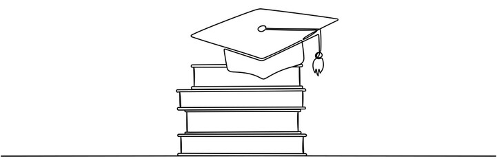Poster - graduation hat with stack of books continuous line drawing. education linear concept. vector illustr