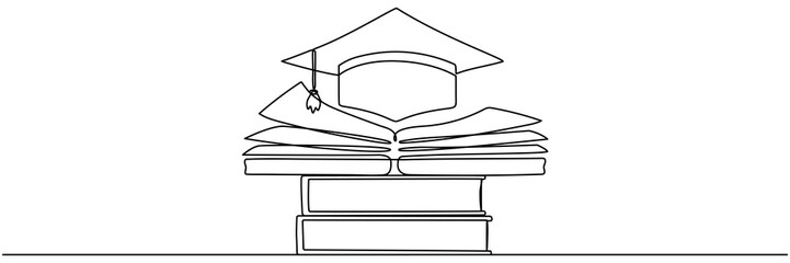 Poster - graduation hat with open book continuous line drawing. education linear concept. vector illustration