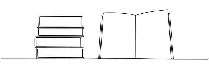 Poster - Open book with stack of books continuous line drawing. School education concept. Vector illustration isolated on white.