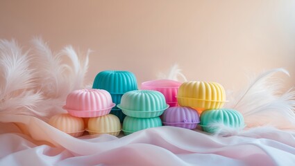 Poster - colorful pastel soap bars arranged aesthetically with soft feathers on a gentle background