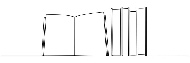 Poster - Open book with stack of books continuous line drawing. School education concept. Vector illustration isolated on white.