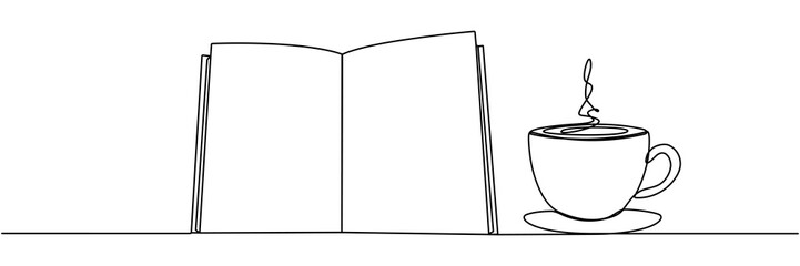Poster - Open book with cup of coffee continuous one line art drawing. Wisdom concept. Reading time. Vector illustration isolated on white.