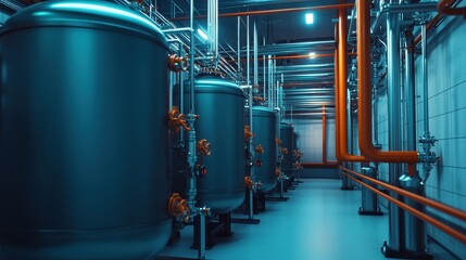 Poster - Industrial interior of modern factory showcasing large metal tanks and bright orange piping systems in a blue light