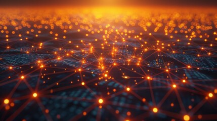 Fototapete - A vibrant display of interconnected lights forms a digital network as the sun sets, casting a warm glow over a city, representing advanced technology and connectivity.