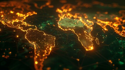 Fototapete - A detailed view of a world map illuminated with bright light points representing cities and their connections, highlighted against a dark backdrop, illustrating global networks.
