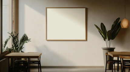 Poster - Minimalist Cafe Interior: A beautifully designed, modern cafe interior showcasing a blank framed picture on a clean wall, complemented by plants and wooden furniture.