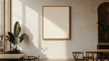 Poster - Interior Scene with a Poster: A modern interior showcases a blank poster framed in natural wood, illuminated by sunlight streaming through large windows, creating a bright and inviting atmosphere.