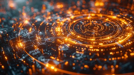 Leinwandbilder - A close up view of a digital circuit board illuminated with vibrant orange lights, revealing complex patterns and designs that evoke a sense of advanced technology and innovation.