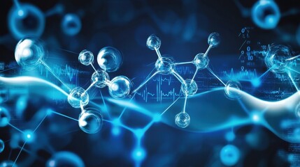 Poster - Abstract medical backdrop featuring blue waveforms with floating molecular structures and digital health data overlays