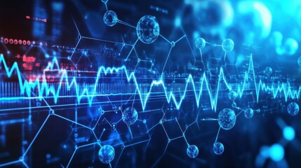 Poster - Abstract medical backdrop featuring blue waveforms with floating molecular structures and digital health data overlays