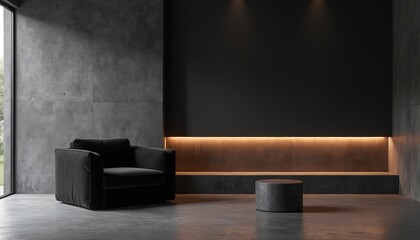 Aufkleber - Modern interior with black armchair, illuminated wall. Grey concrete texture, minimalist style furniture, soft cushion on empty seat. Home living space, comfort, relaxation, indoor design. Sleek,