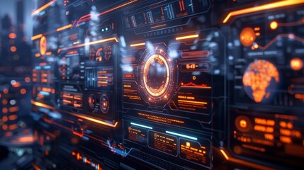 Aufkleber - Complex digital display fills the scene with glowing orange and blue lights, illustrating data and analytics against a dark urban backdrop at night.