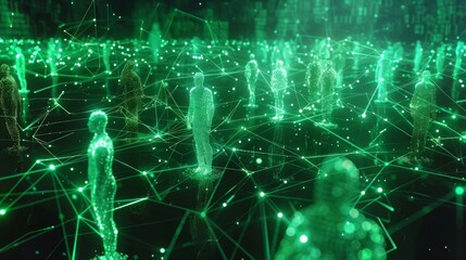 Fototapete - A field of green holographic figures stands among a web of glowing connections, suggesting interaction in a high tech, digital setting that symbolizes social connectivity.