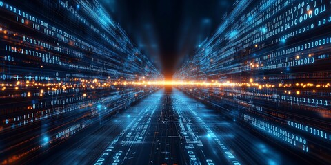 Digital data tunnel; fast-moving binary code; glowing light; futuristic technology