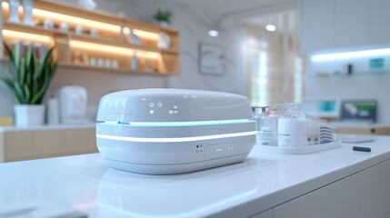 Poster - A sleek sterilization unit sits on a clean countertop in a modern dental clinic, surrounded by neatly arranged instruments and bright lighting that enhances the sterile environment.