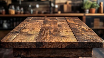 Poster - The rich textures of a weathered wooden table top showcase the beauty of craftsmanship, surrounded by a softly blurred kitchen filled with warmth and potential for culinary adventures
