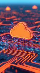 Poster - Futuristic cloud computing concept with vibrant neon circuits and connections