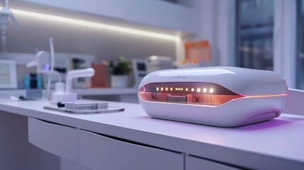 Poster - A sleek sterilization device sits on a laboratory countertop, illuminated with soft lighting, ensuring that equipment remains clean and safe for ongoing scientific research