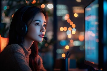 Aufkleber - Asian businesswoman working late at night in office using headset and looking at computer screen