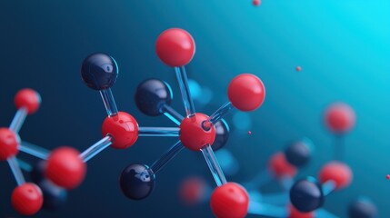 Poster - Abstract Representation of Molecular Structure with Vibrant Red and Black Atoms on a Blue Background
