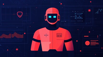 Poster - Futuristic Robot with Digital Interface and Data Visualization Elements in a High-Tech Environment
