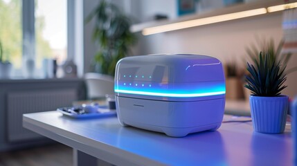Poster - A modern appliance emits blue light in a bright kitchen filled with natural sunlight, highlighting its sleek design and functionality on a table with small plants.