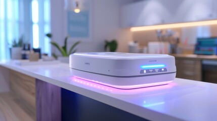 Aufkleber - A sterilization device rests on a stylish kitchen countertop, emanating soft blue and purple lights while surrounded by contemporary design elements and greenery.
