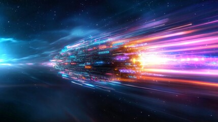 Poster - futuristic light streaks create a dynamic warp effect through a starry space environment