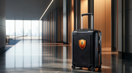 Poster - A high-tech, anti-theft black suitcase with an advanced security shield symbol at check-in.