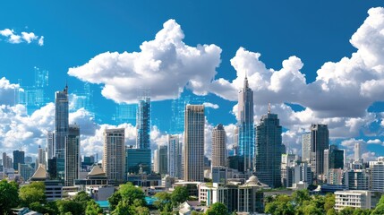 Poster - A high-tech cityscape under development, linked by a web of digital communication lines.