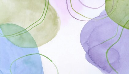 Aufkleber - soft pastel abstract watercolor background with green gold curved line, blue, green, and purple organic shapes