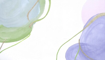 Aufkleber - soft pastel abstract watercolor background with green gold curved line, blue, green, and purple organic shapes