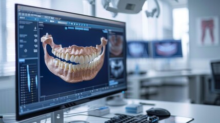 Fototapete - High tech dental imaging software shows a 3D model of teeth on a clinic monitor. The clean and well lit room is designed for patient comfort and precise diagnostics.