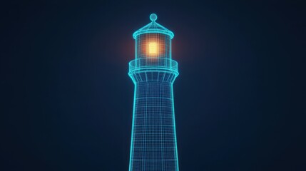 Poster - Futuristic 3D Wireframe Lighthouse Model with Illuminated Beacon against Dark Background