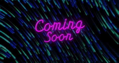 Poster - Animation with Coming Soon neon text over dynamic blue and green streaks background