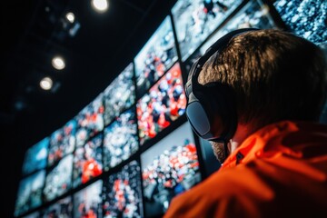 Poster - Immersive Digital Workspace Next-Gen Multimedia Professional Experiencing Sensory Multiscreen Analytics with High-Performance Noise-Canceling Headphones
