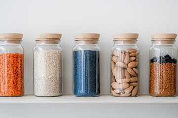 Poster - Minimalist Zero-Waste Kitchen Essentials Eco-Conscious Glass Storage Jars with Wooden Lids - Sustainable Pantry Organization for Modern Conscious Living
