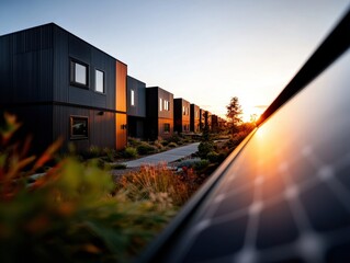 Poster - Sunset-Illuminated Eco-Urban Living Modern Sustainable Apartment Complex with Solar Innovation - Next-Generation Green Housing Design
