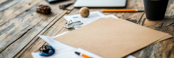 Fototapete - Minimalist Workspace Harmony Rustic Wooden Desk with Neutral Stationery, Digital Workflow Essentials - Creative Entrepreneurship and Mindful Productivity Staging