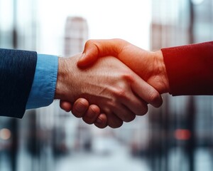 Leinwandbilder - Hybrid Work Collaboration Dynamic Business Partnership Visualized through Empowered Handshake in Modern Urban Professional Workspace - Transformative Corporate Connection