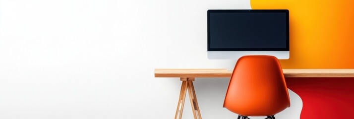 Poster - Minimalist Digital Workspace Fusion Bold Color-Block Home Office Design with Ergonomic Eames-Style Chair and High-Performance Monitor Setup