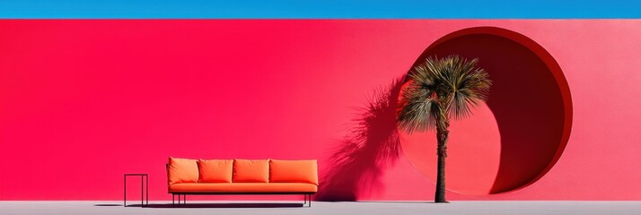 Poster - Sunset Minimalism Vibrant Mid-Century Modern Lounge Scene with Palm Silhouette - Retro-Futuristic Design Inspiration for Contemporary Living Spaces